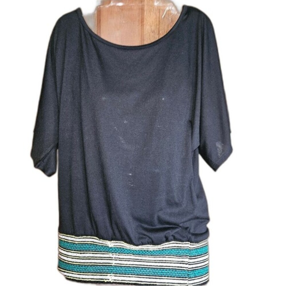 Weavers Black Tunic Blouse L Cinched Waist Flowy Bat Wing Sleeves Romantic